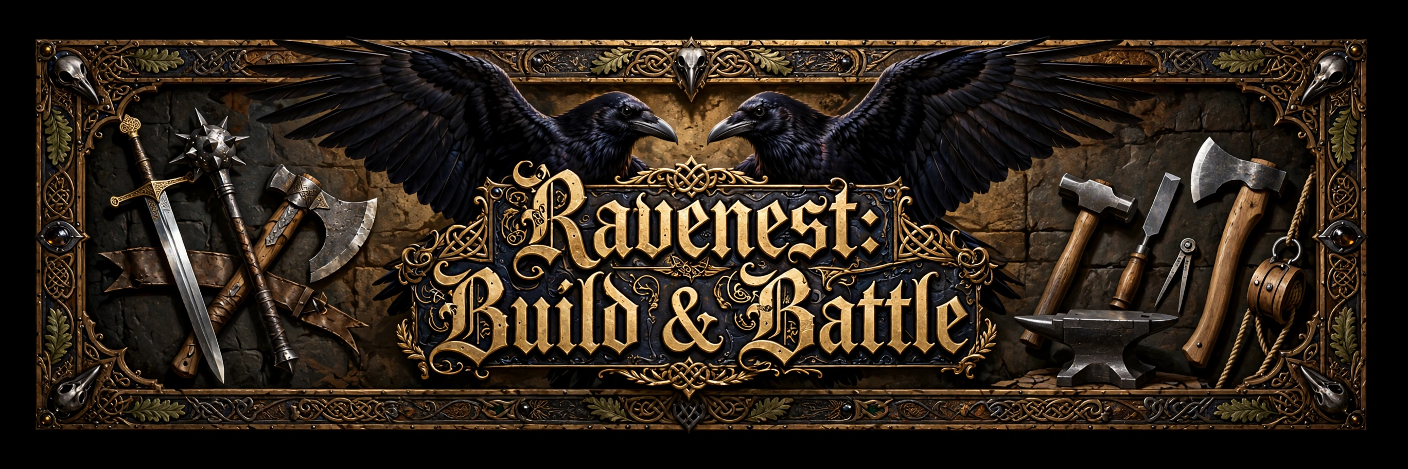 Ravenest: Build & Battle. A gilded banner framed in knotwork, flanked by two ravens and hung with a sword, mace, axe, hammer, anvil, and mason's tools.