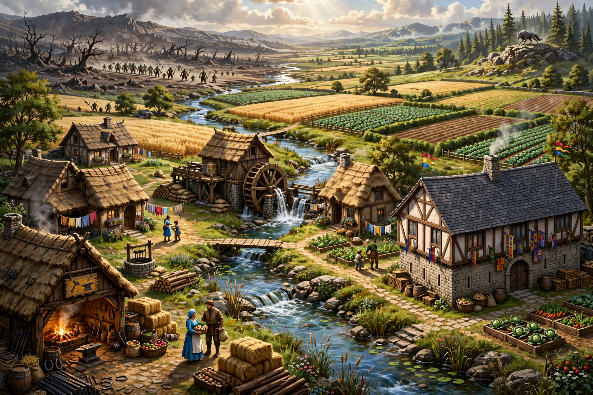 A sunlit frontier village of thatched cottages, a water mill, and plowed fields beside a stream, with smoke and ruined ground toward the wild Banelands.