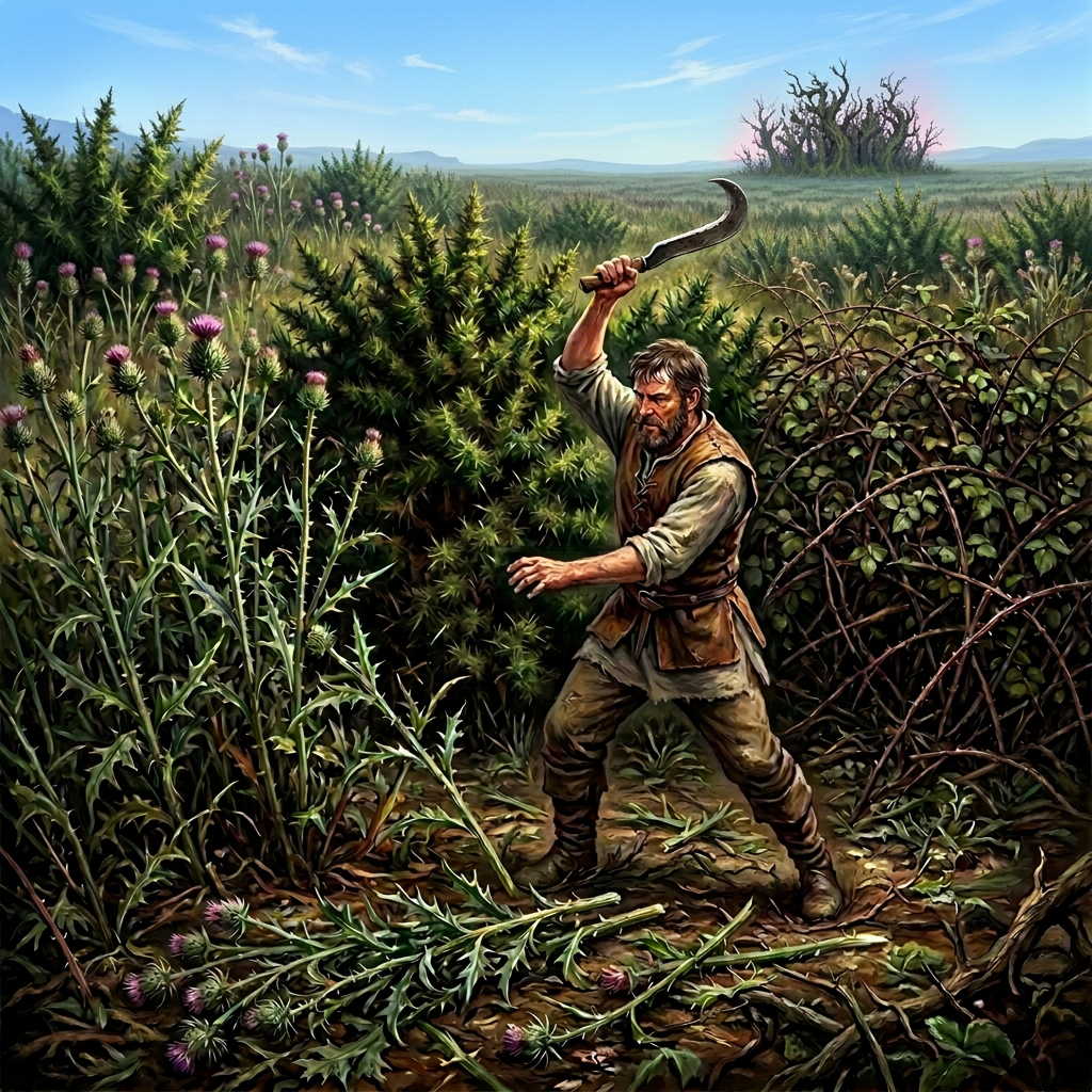 A frontiersman in a leather jerkin swings a billhook at a stand of towering thistles and tangled bramble.