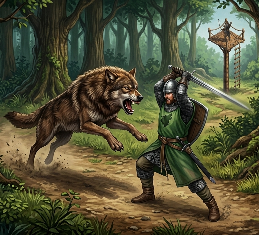 A mail-clad knight with sword and shield braces as a wolf lunges from the forest, a wooden watchtower behind them.